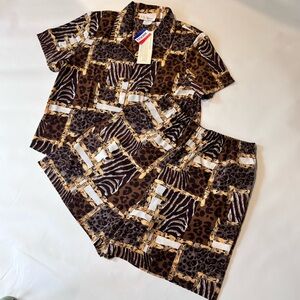 NWT VTG S.G.Sport Two Piece Set Shorts And Shirt Leopard Brown Shoulder pads